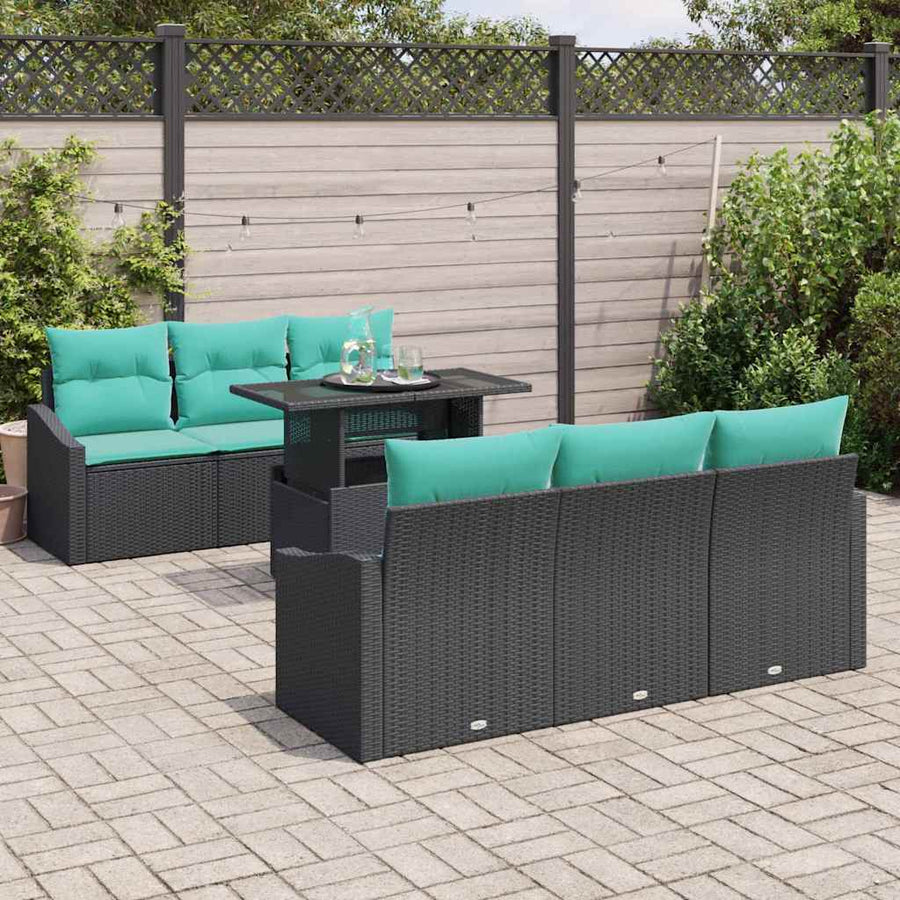 Tuin Sofa Set met kussen 7 pcs Zwart en blauw poly rattan