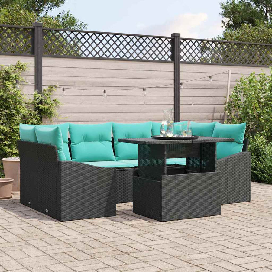 Tuin Sofa Set met kussen 7 pcs Zwart en Blauw Poly riet