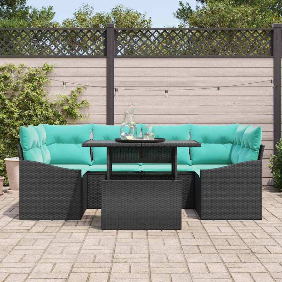 Tuin Sofa Set met kussen 7 pcs Zwart en Blauw Poly riet