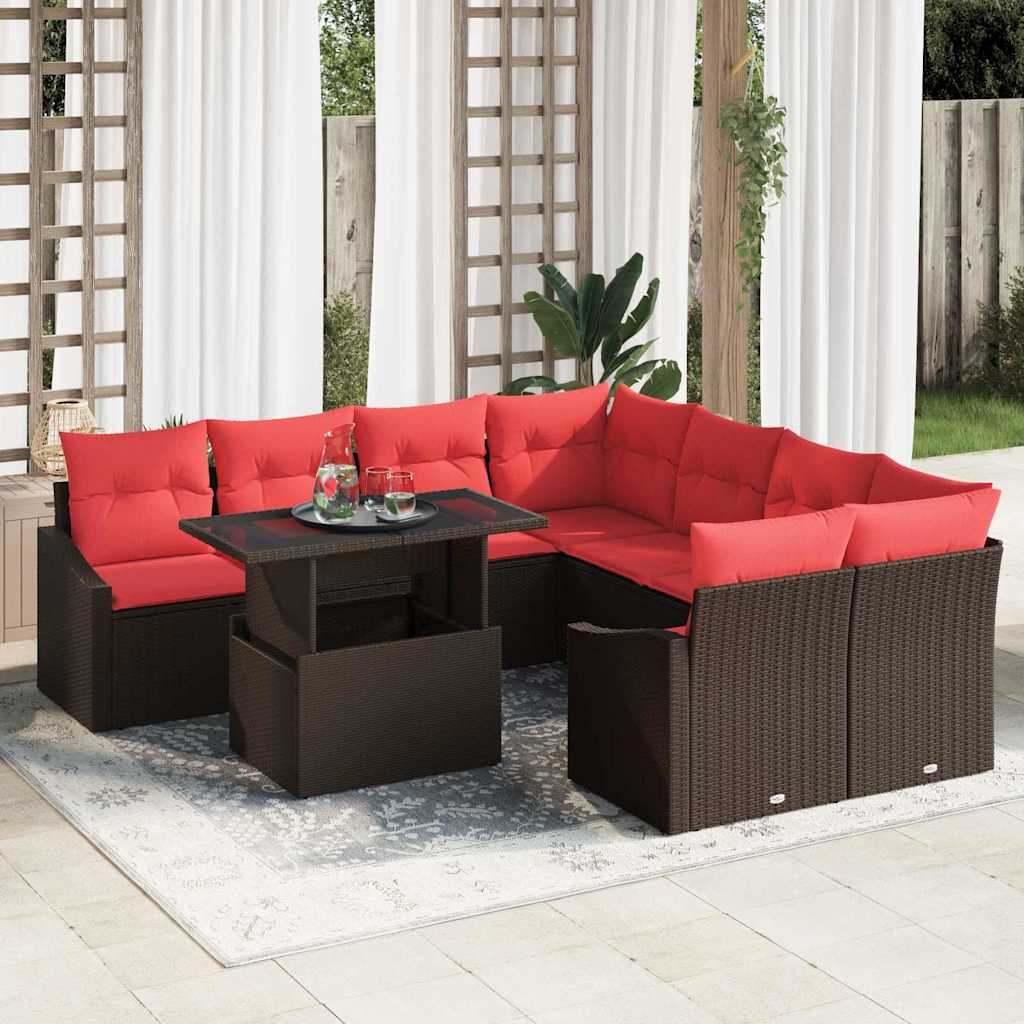 Tuin Sofa Set 9 st Bruin en Rood poly rattan