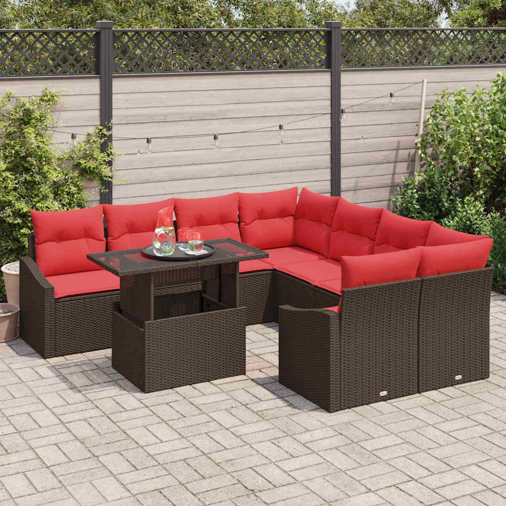 Tuin Sofa Set 9 st Bruin en Rood poly rattan