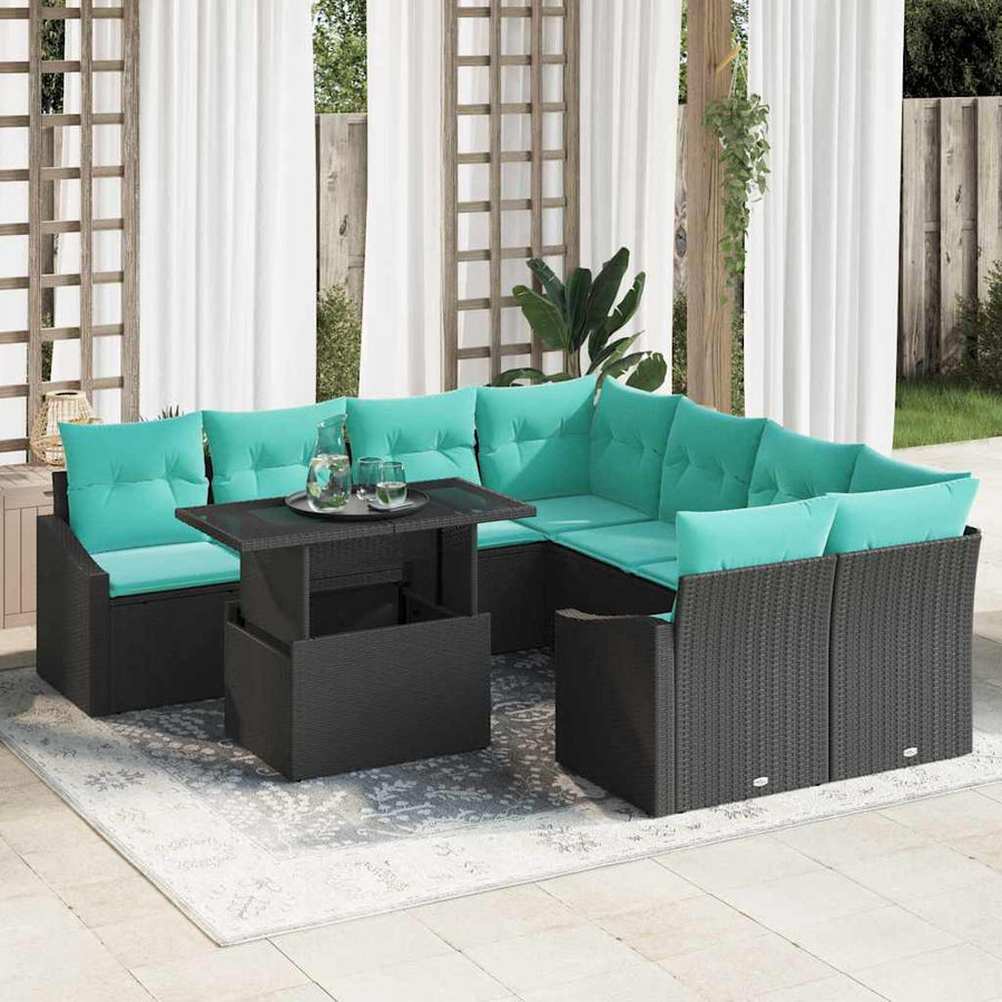 Tuin Sofa Set met kussen 9 pcs Zwart en blauw poly rattan