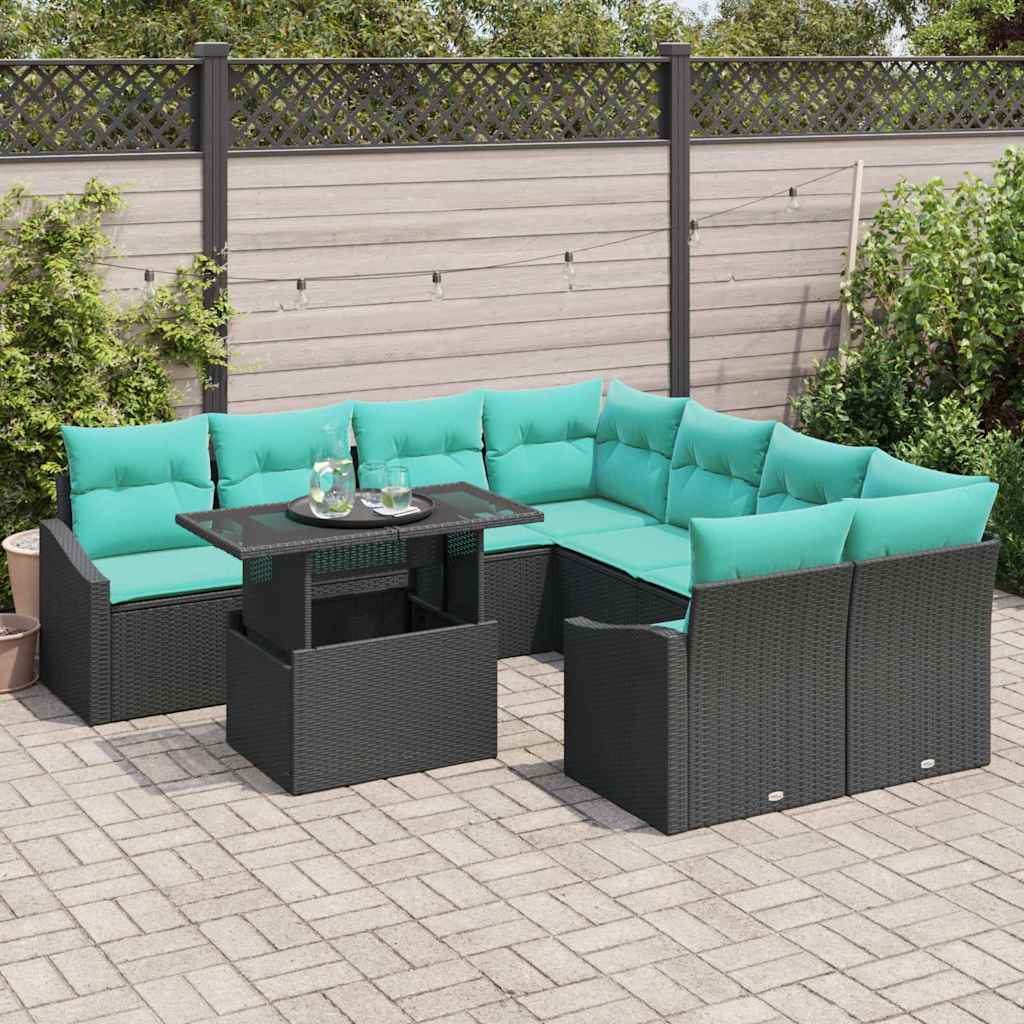Tuin Sofa Set met kussen 9 pcs Zwart en blauw poly rattan