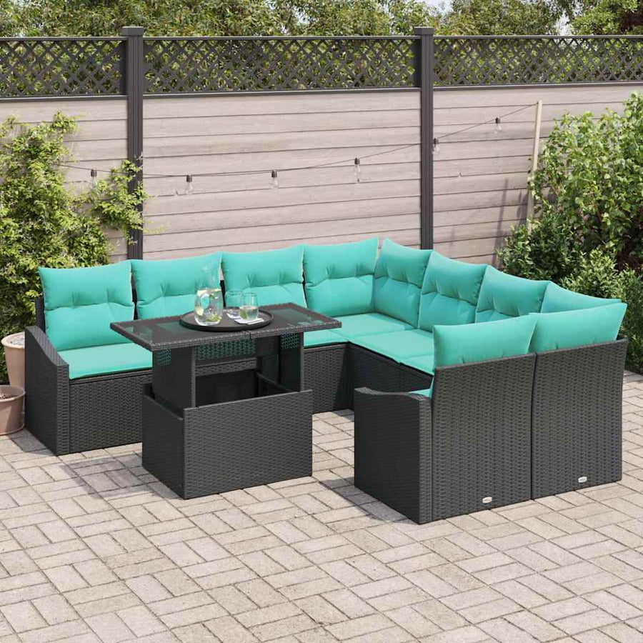 Tuin Sofa Set met kussen 9 pcs Zwart en blauw poly rattan