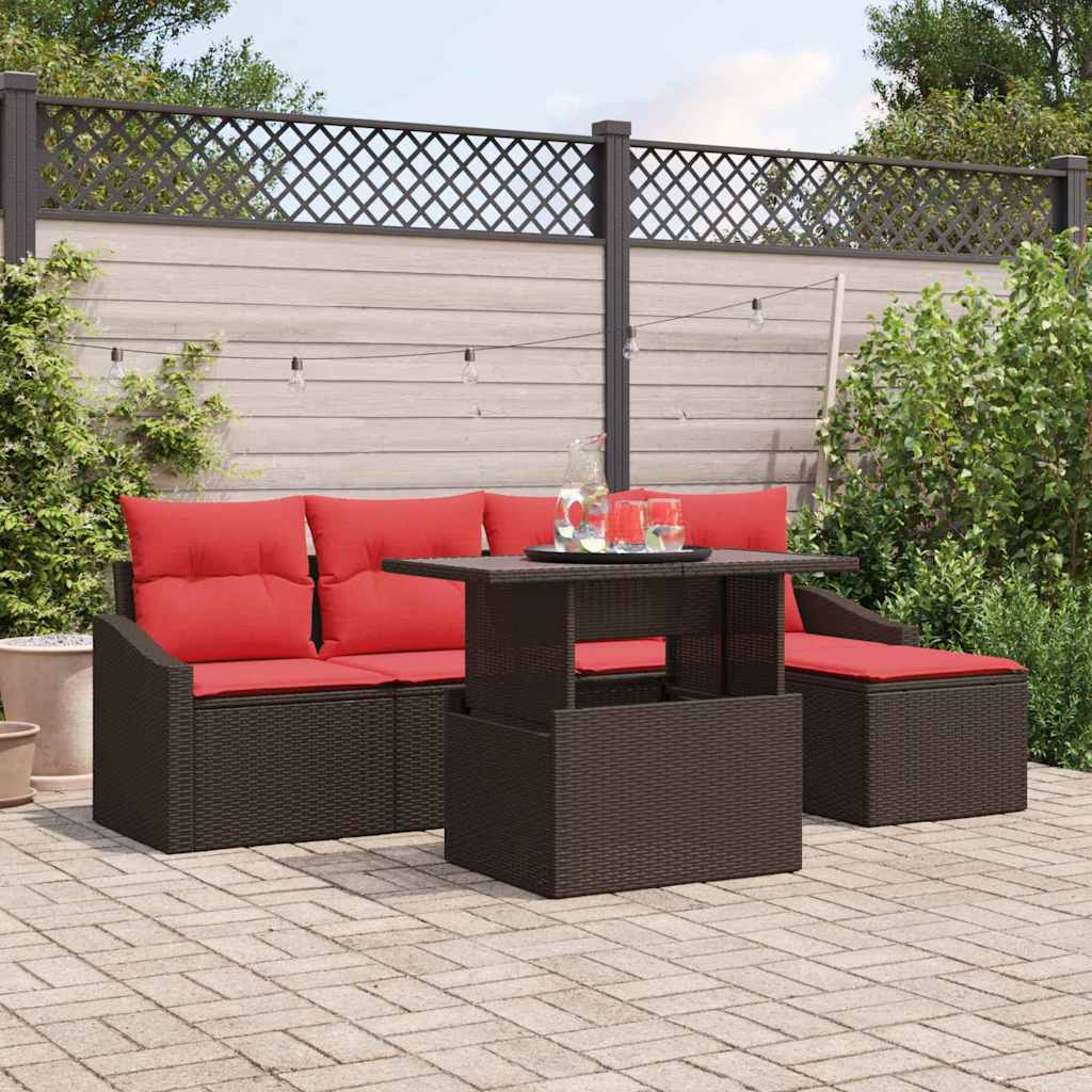 Tuin Sofa Set 6 st Bruin en Rood poly rattan
