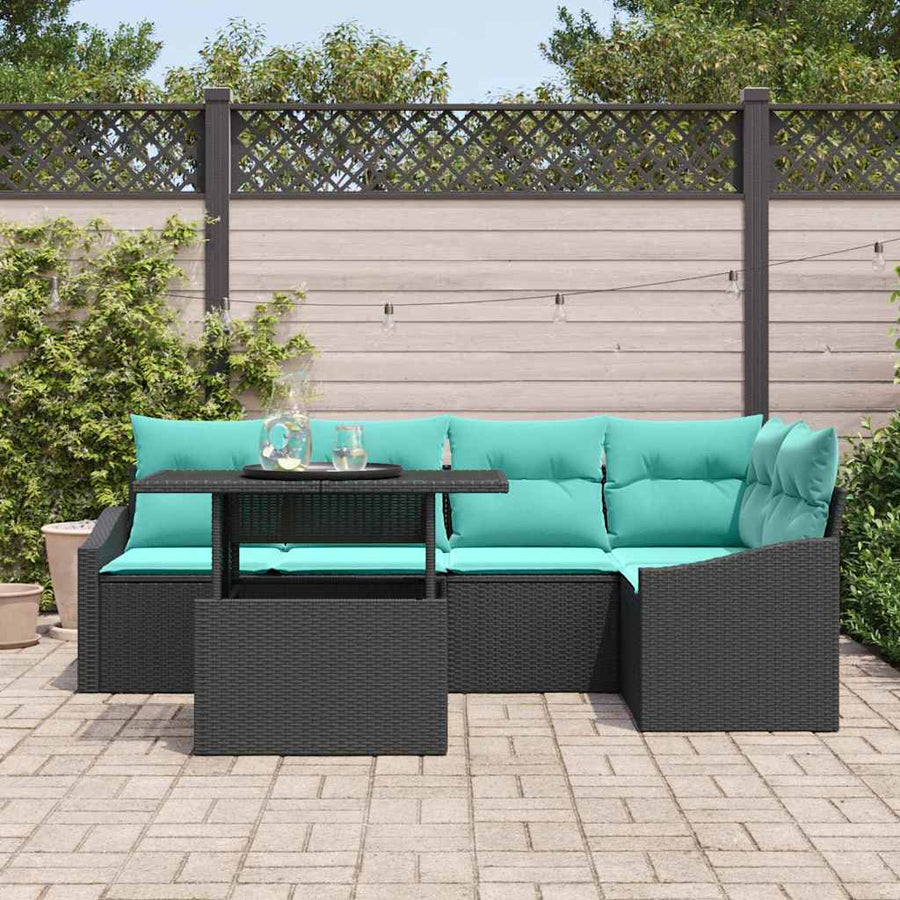 Tuin Sofa Set met kussen 6 pcs Zwart en Blauw poly rattan