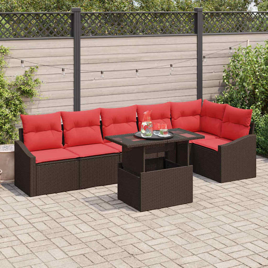 Tuin Sofa Set 7 st Bruin en Rood poly rattan
