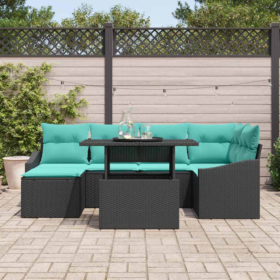 Bankstel met kussen met opslag 7 pcs Zwart en Blauw Poly riet