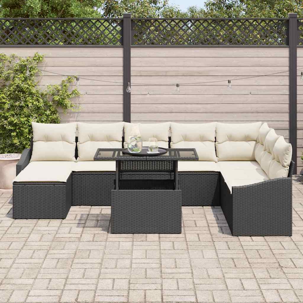 Bankstel met kussen met opslag 9 pcs Zwart en Crème poly rattan