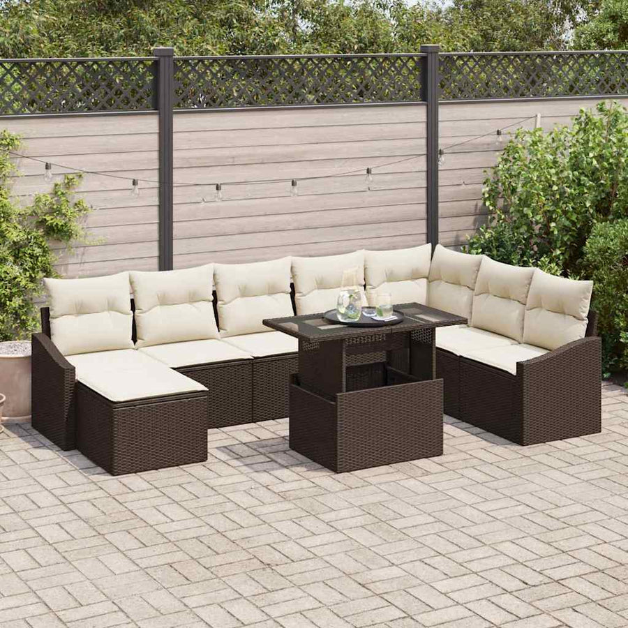 Bankstel met kussen met opslag 9 pcs Bruin en Crème poly rattan