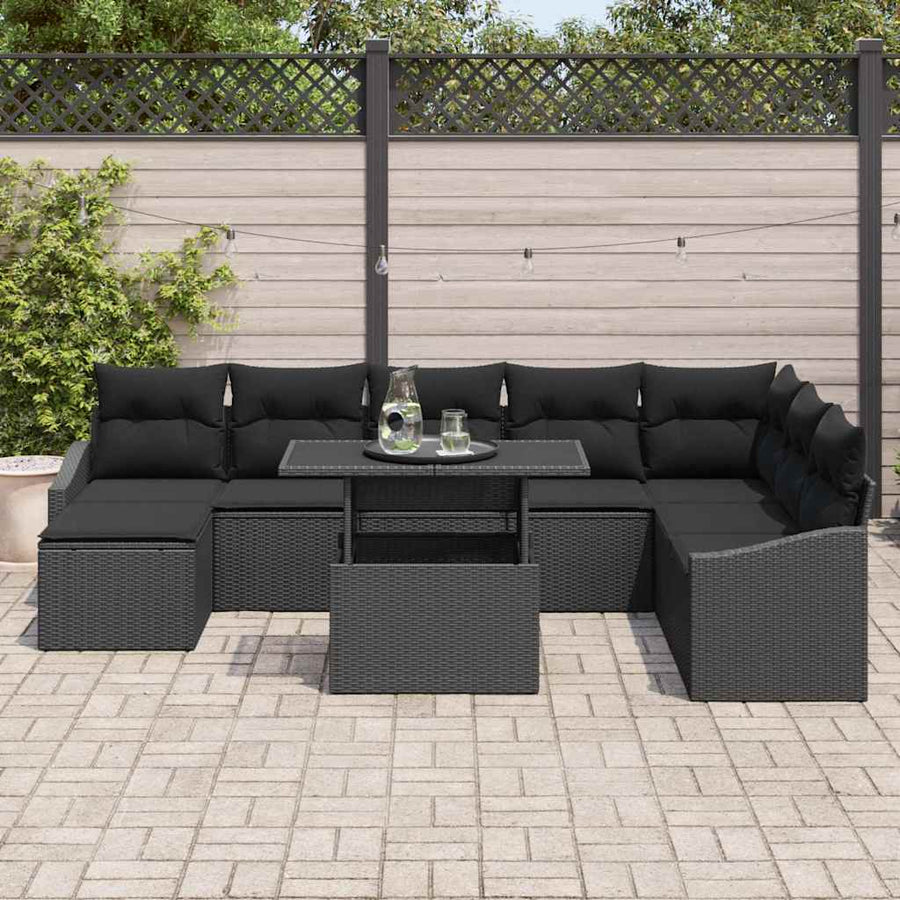 Bankstel met kussen met opslag 9 pcs Zwart poly rattan