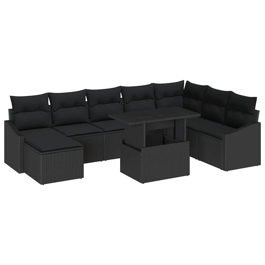 Bankstel met kussen met opslag 9 pcs Zwart poly rattan