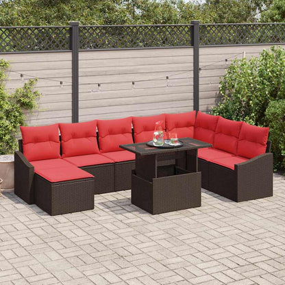 Bankstel 9 st Bruin en Rood poly rattan