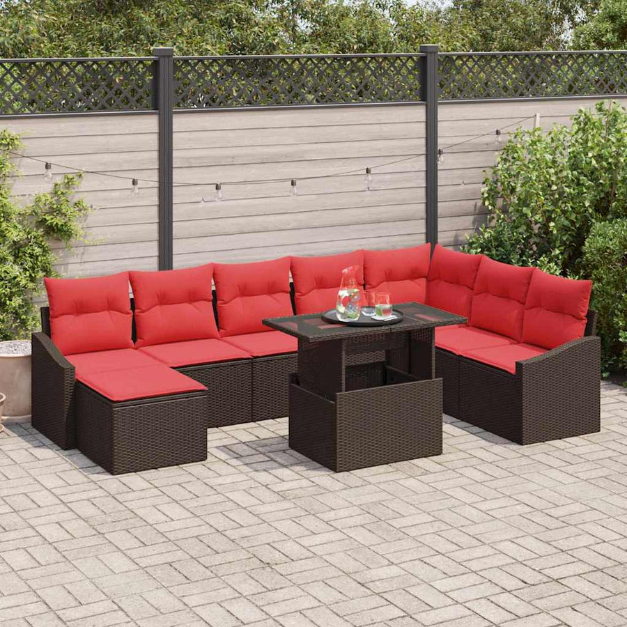 Bankstel 9 st Bruin en Rood poly rattan