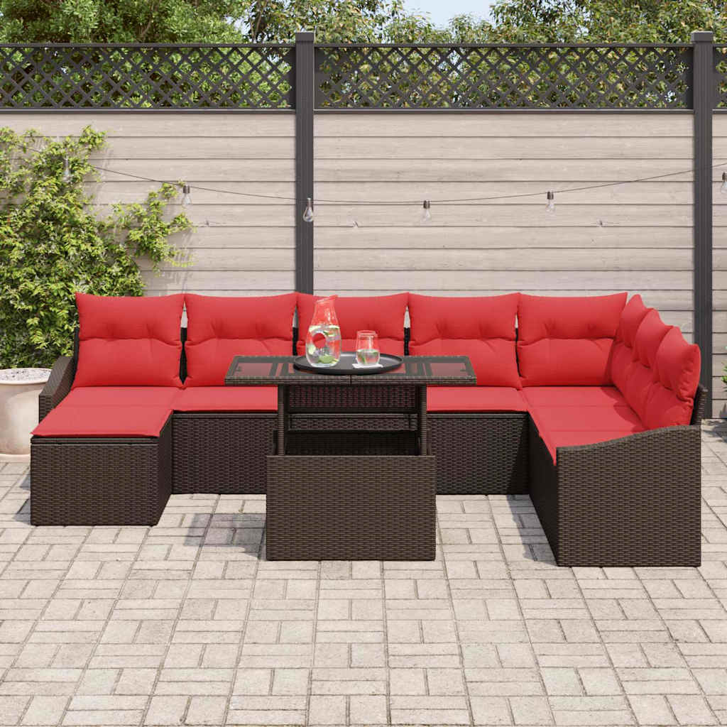 Bankstel 9 st Bruin en Rood poly rattan
