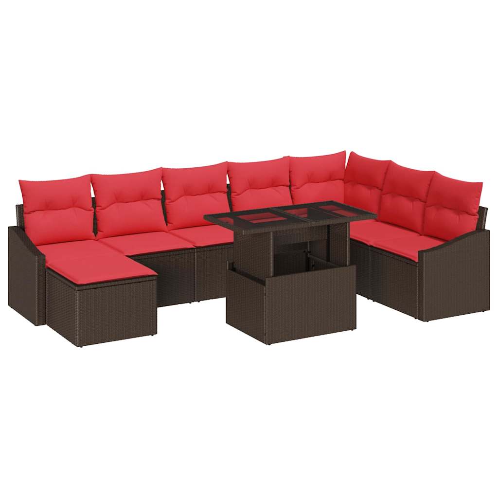 Bankstel 9 st Bruin en Rood poly rattan