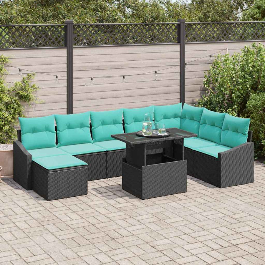 Bankstel met kussen met opslag 9 pcs Zwart en Blauw poly rattan