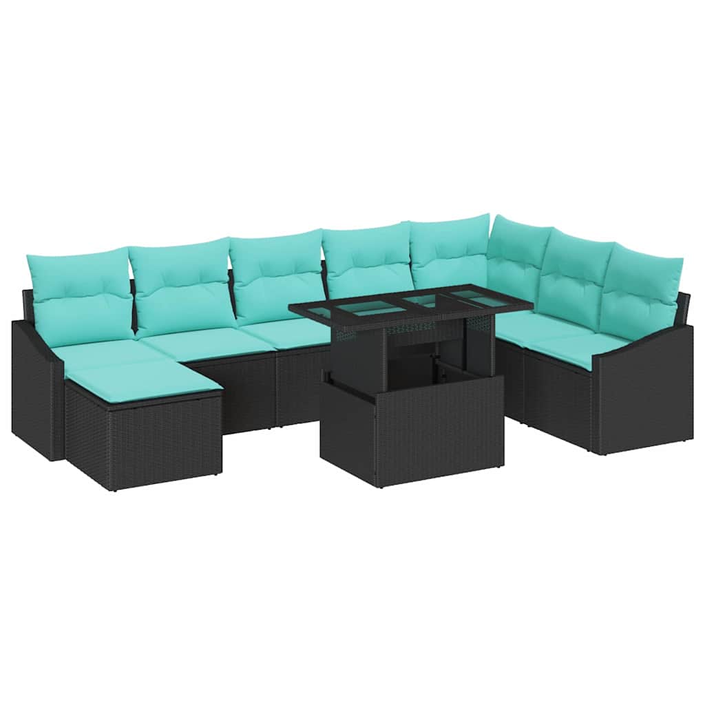 Bankstel met kussen met opslag 9 pcs Zwart en Blauw poly rattan