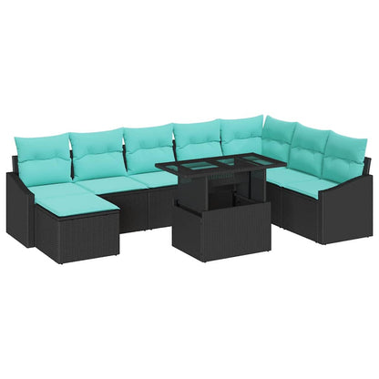 Bankstel met kussen met opslag 9 pcs Zwart en Blauw poly rattan