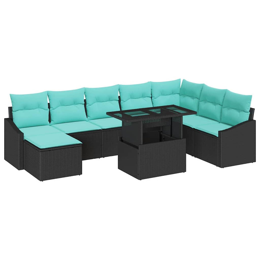 Bankstel met kussen met opslag 9 pcs Zwart en Blauw poly rattan