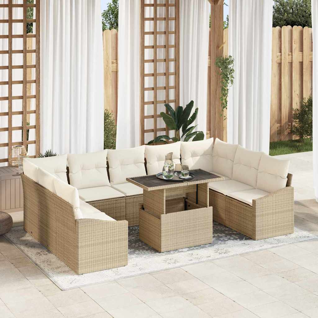 Bankstel met kussen 10 pcs Beige en Crème poly rattan