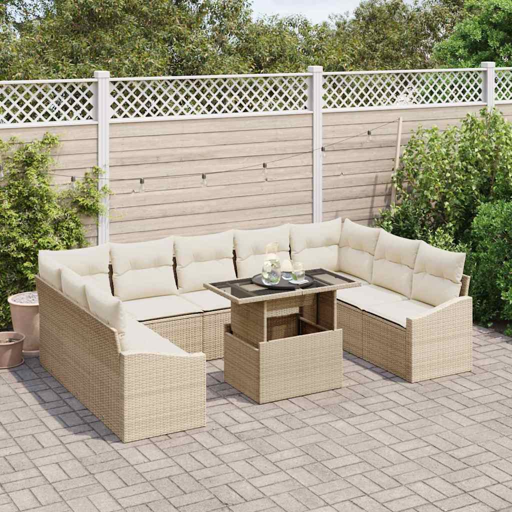 Bankstel met kussen 10 pcs Beige en Crème poly rattan