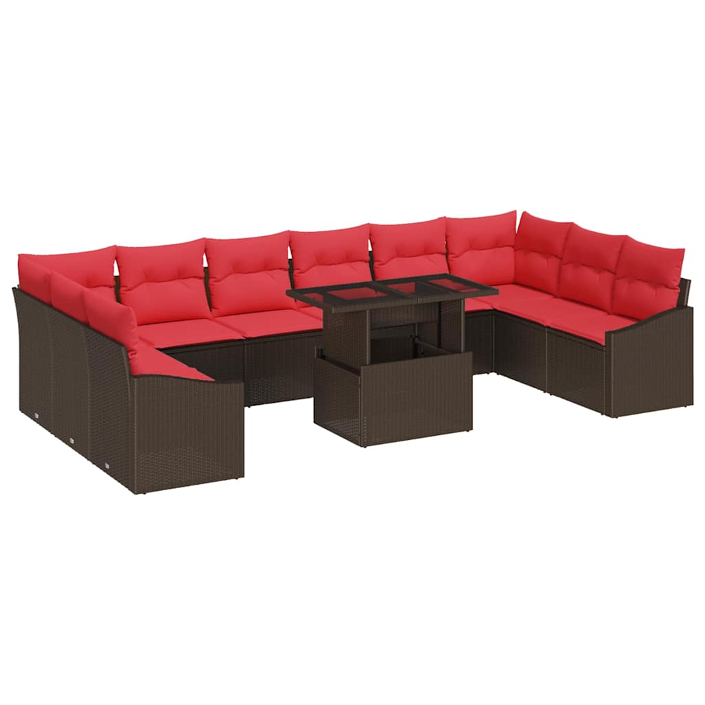 Bankstel 11 st 10-Aantal zitplaatsen Bruin en Rood poly rattan
