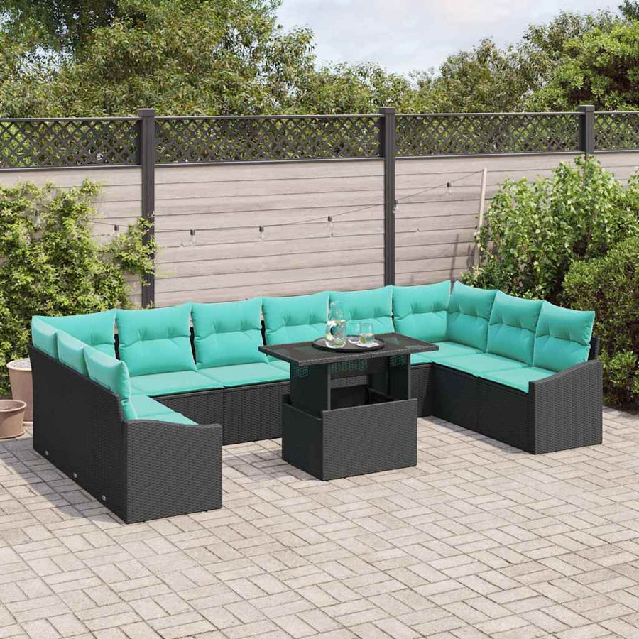Bankstel met kussen 11 pcs Zwart en Blauw poly rattan