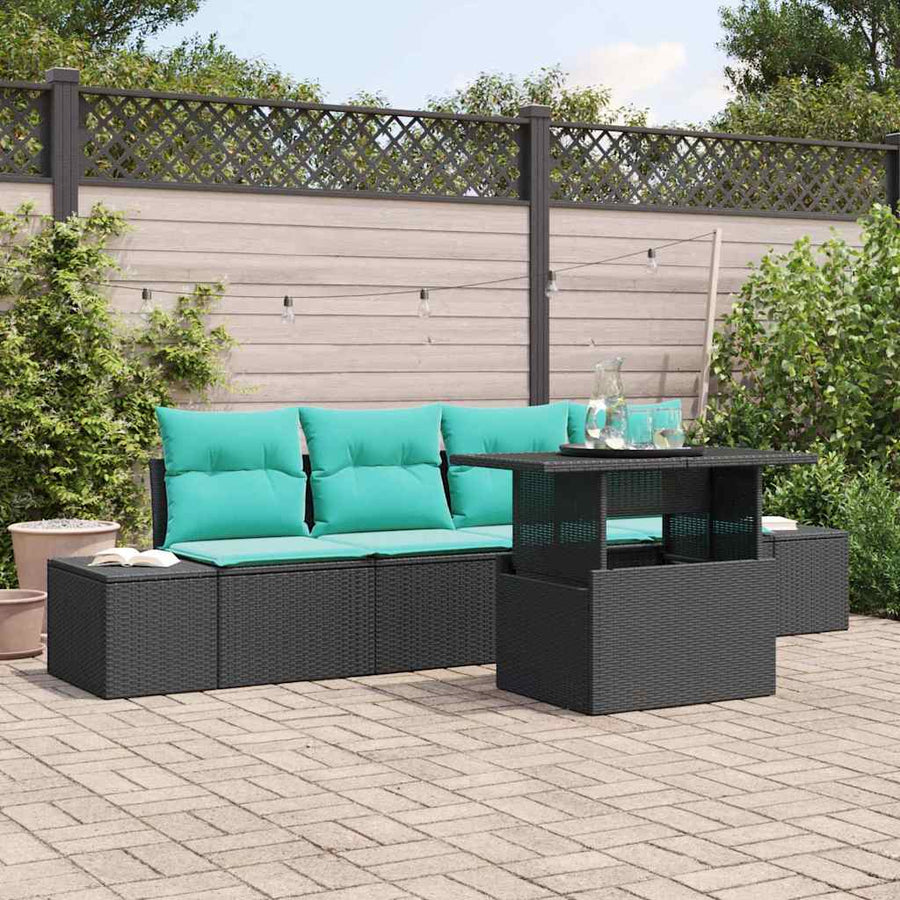 Bankstel met kussen 5 pcs Zwart en Blauw poly rattan