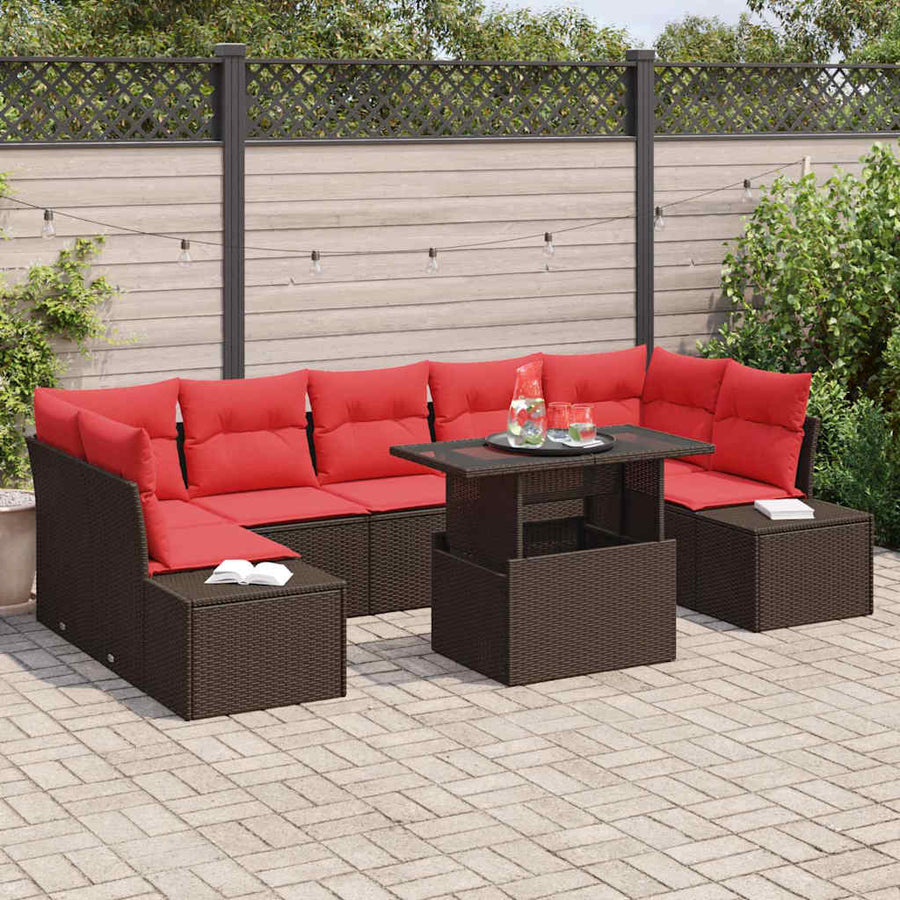 Tuin Sofa Set met kussen 8 pcs Bruin en Rood poly rattan