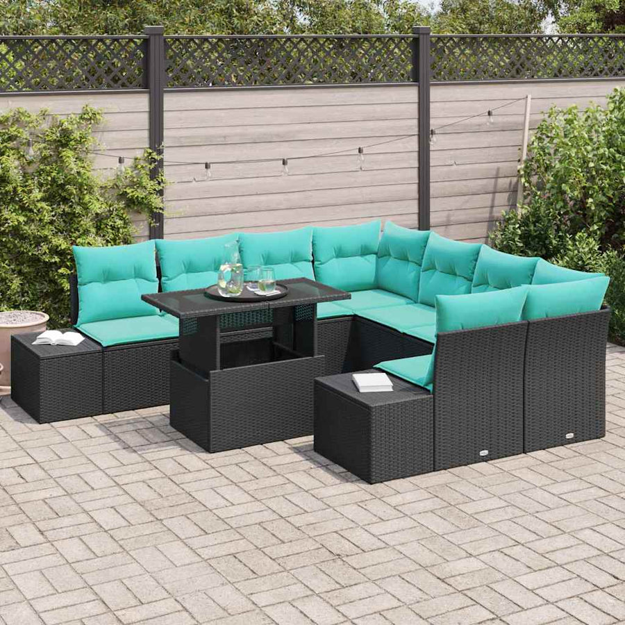 Tuin Sofa Set met kussen 9 pcs Zwart en Blauw poly rattan