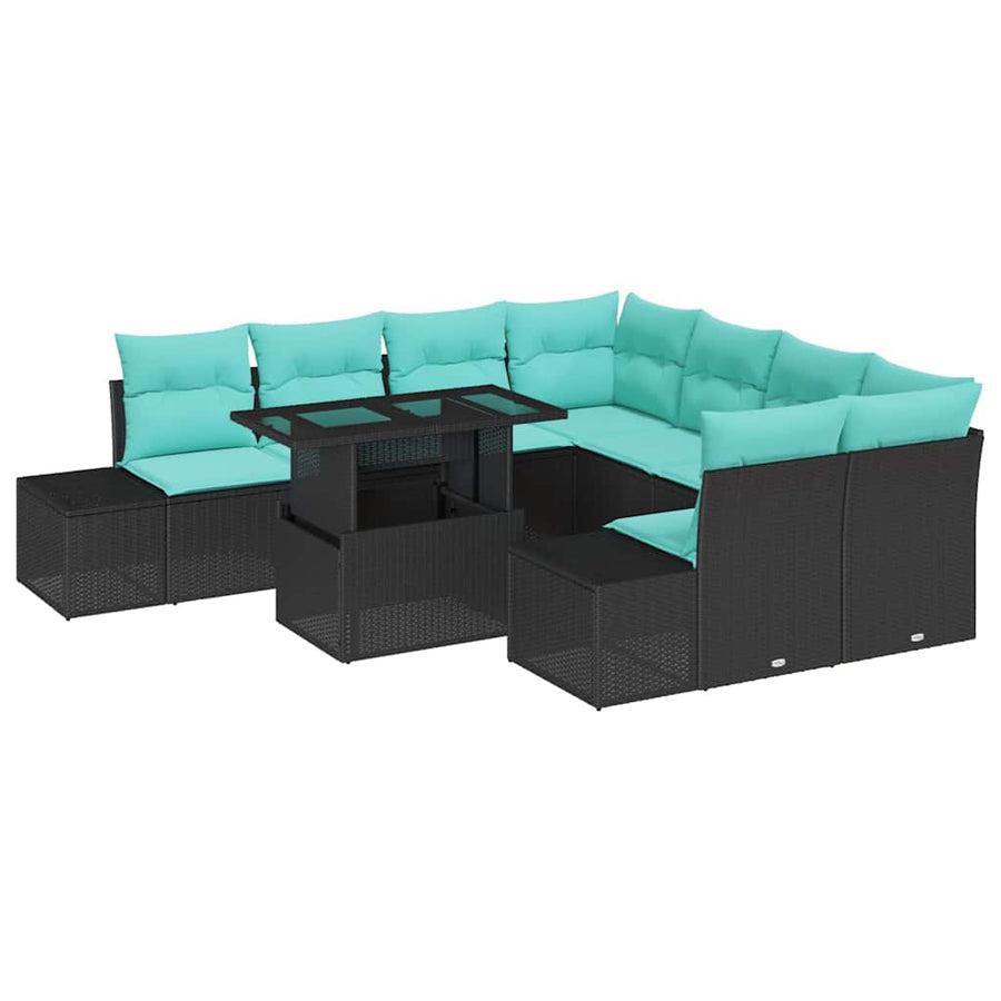 Tuin Sofa Set met kussen 9 pcs Zwart en Blauw poly rattan