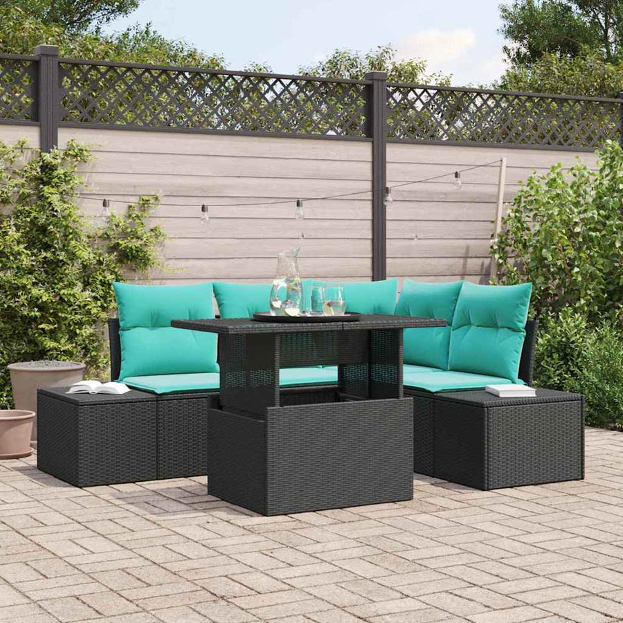 Tuin Sofa Set met kussen 6 pcs Zwart en Blauw poly rattan