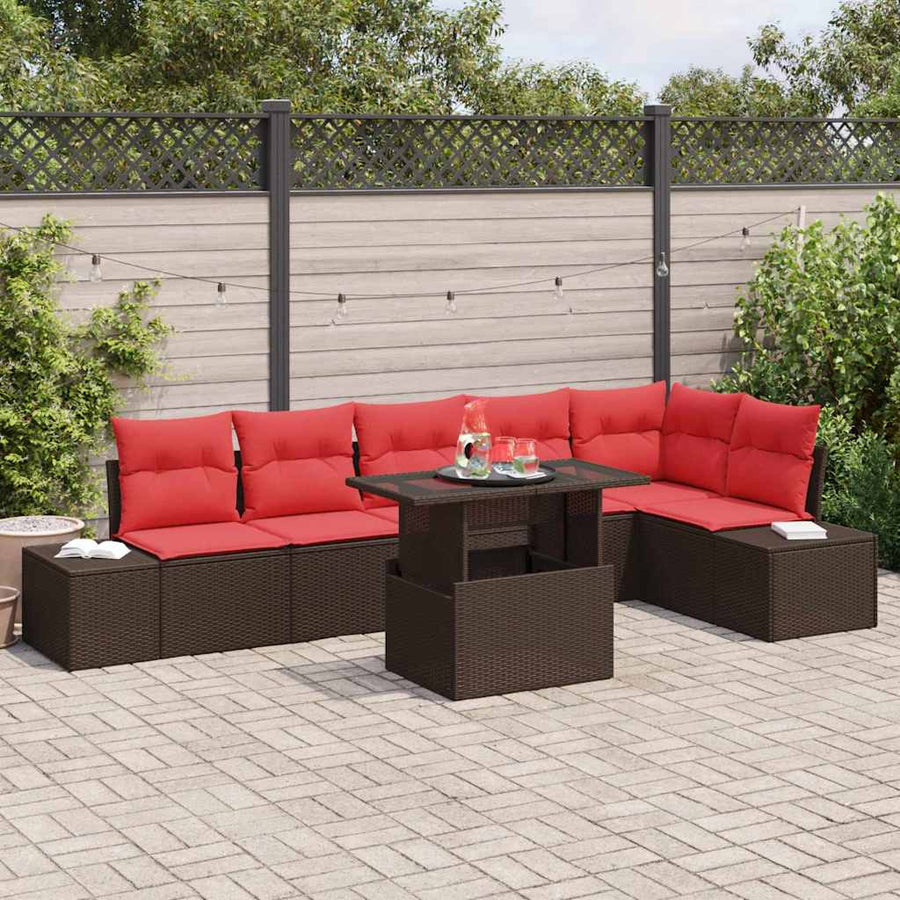 Tuin Sofa Set met kussen 7 pcs Bruin en Rood poly rattan