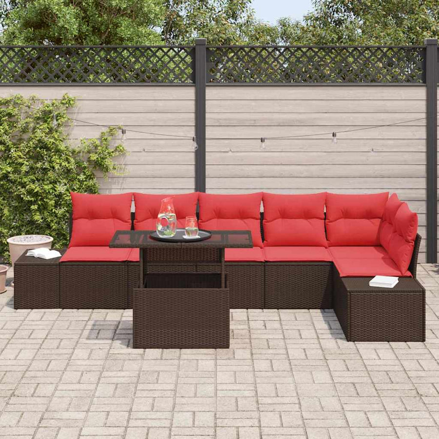 Tuin Sofa Set met kussen 7 pcs Bruin en Rood poly rattan