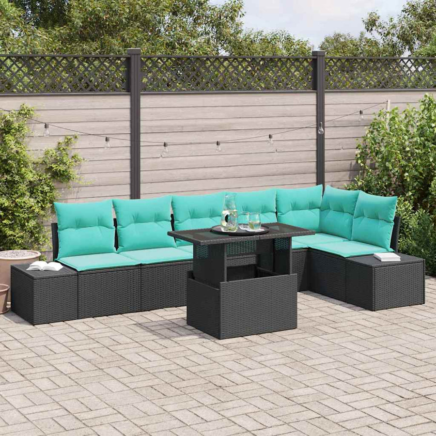Tuin Sofa Set met kussen 7 pcs Zwart en Blauw poly rattan