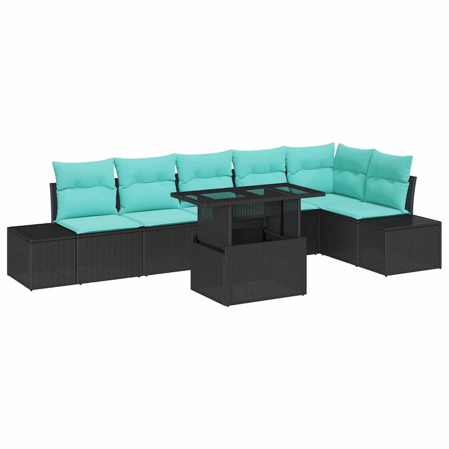 Tuin Sofa Set met kussen 7 pcs Zwart en Blauw poly rattan