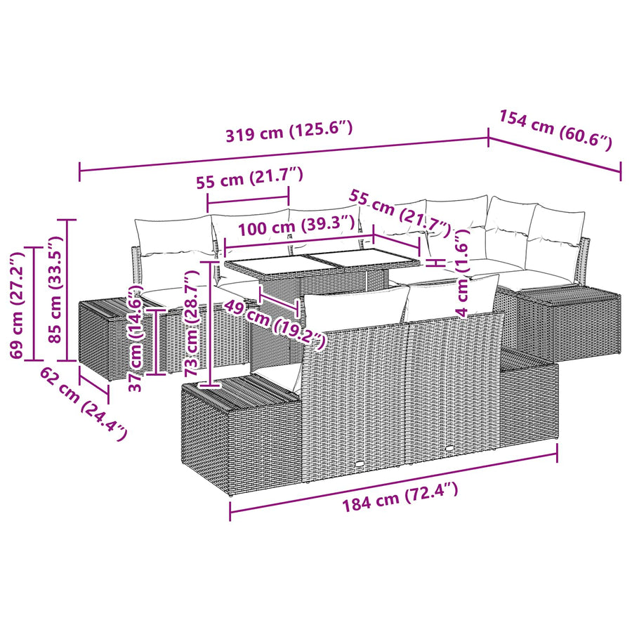 Tuin Sofa Set met kussen 9 pcs Bruin en Rood poly rattan