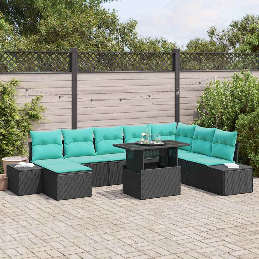 Tuin Sofa Set met kussen 9 pcs Zwart en Blauw poly rattan
