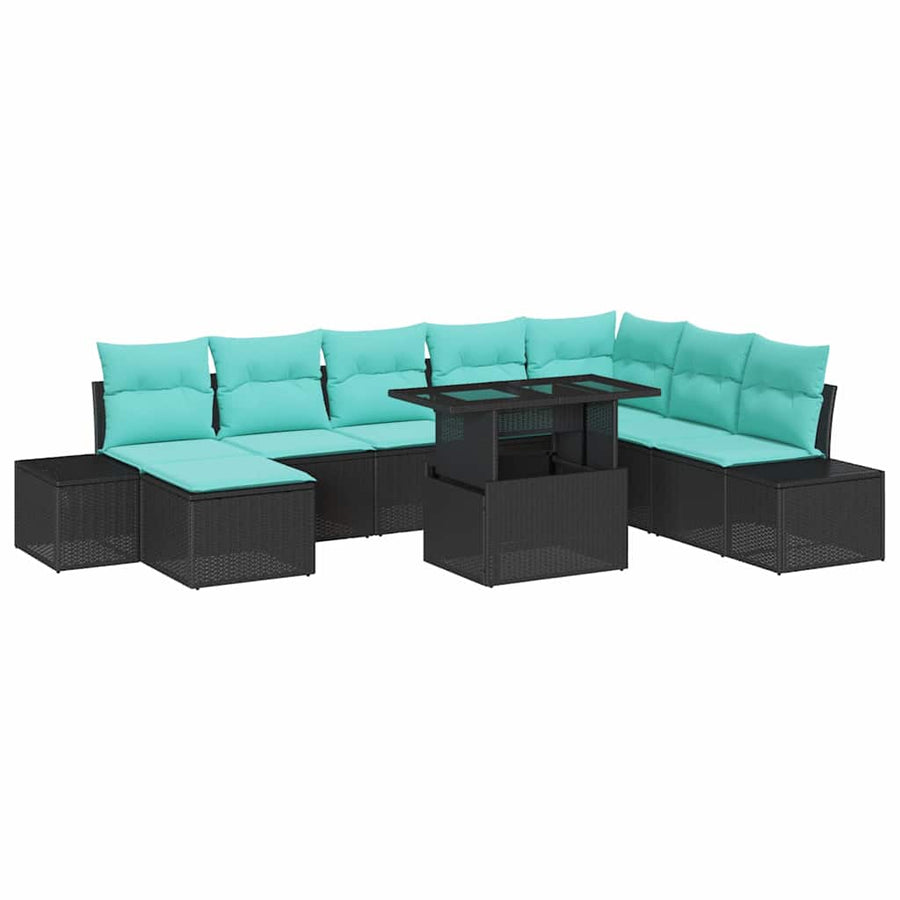 Tuin Sofa Set met kussen 9 pcs Zwart en Blauw poly rattan