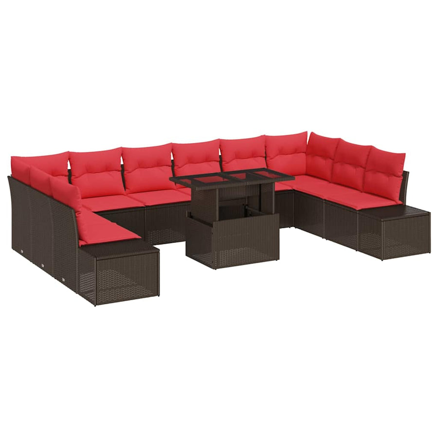 Tuin Sofa Set met kussen 11 pcs Bruin en Rood poly rattan