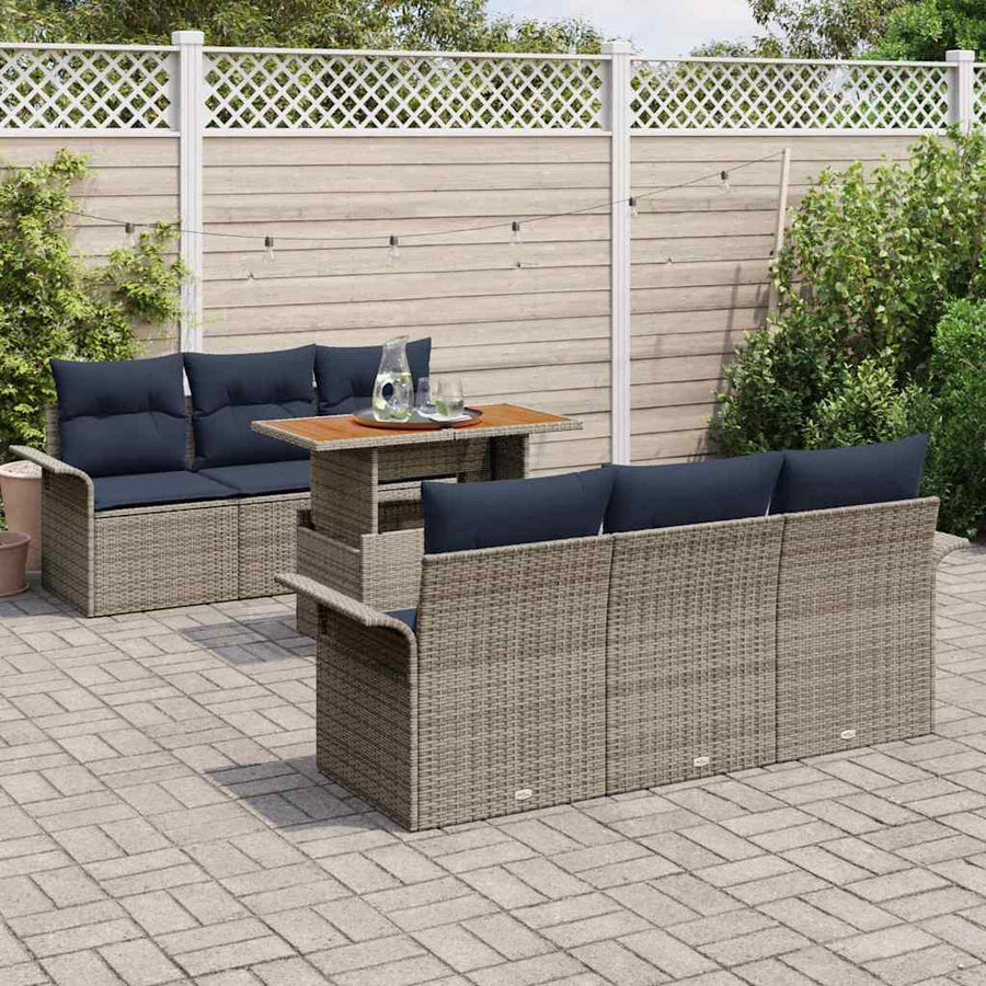 Tuinbankenset met kussen 7 pcs Grijs en Marineblauw poly rattan