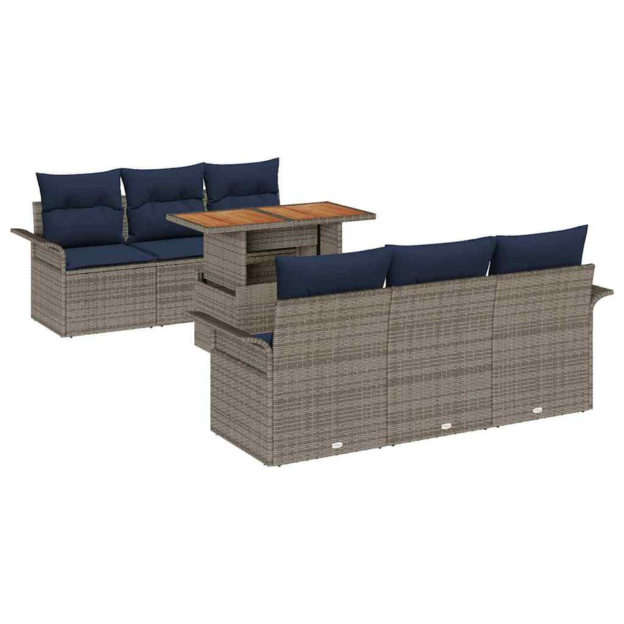 Tuinbankenset met kussen 7 pcs Grijs en Marineblauw poly rattan