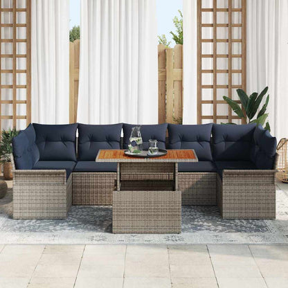 Tuinbankenset met kussen 8 pcs Grijs en Marineblauw poly rattan
