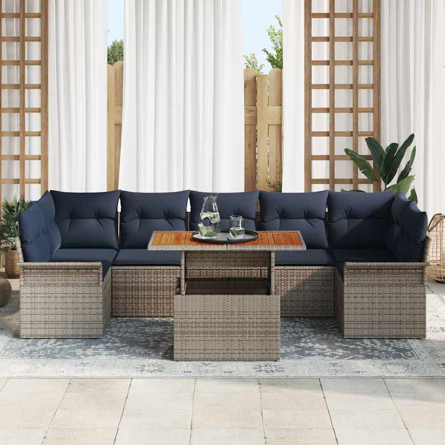 Tuinbankenset met kussen 8 pcs Grijs en Marineblauw poly rattan