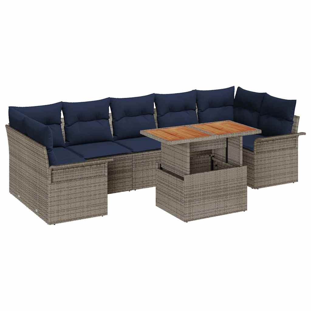 Tuinbankenset met kussen 8 pcs Grijs en Marineblauw poly rattan