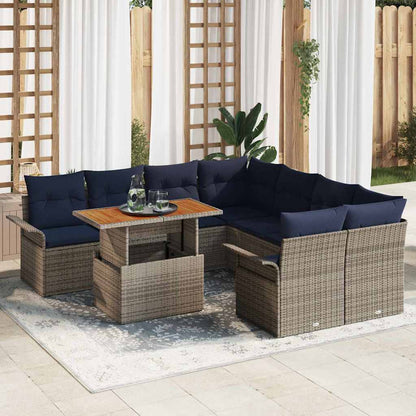 Tuinbankenset met kussen 9 pcs Grijs en Marineblauw poly rattan