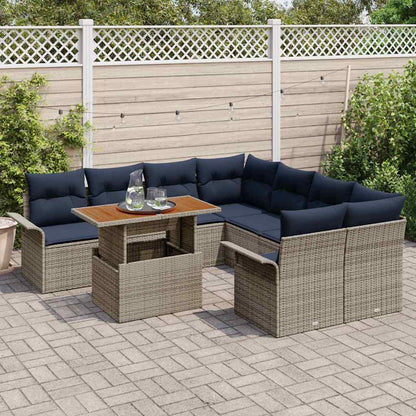 Tuinbankenset met kussen 9 pcs Grijs en Marineblauw poly rattan