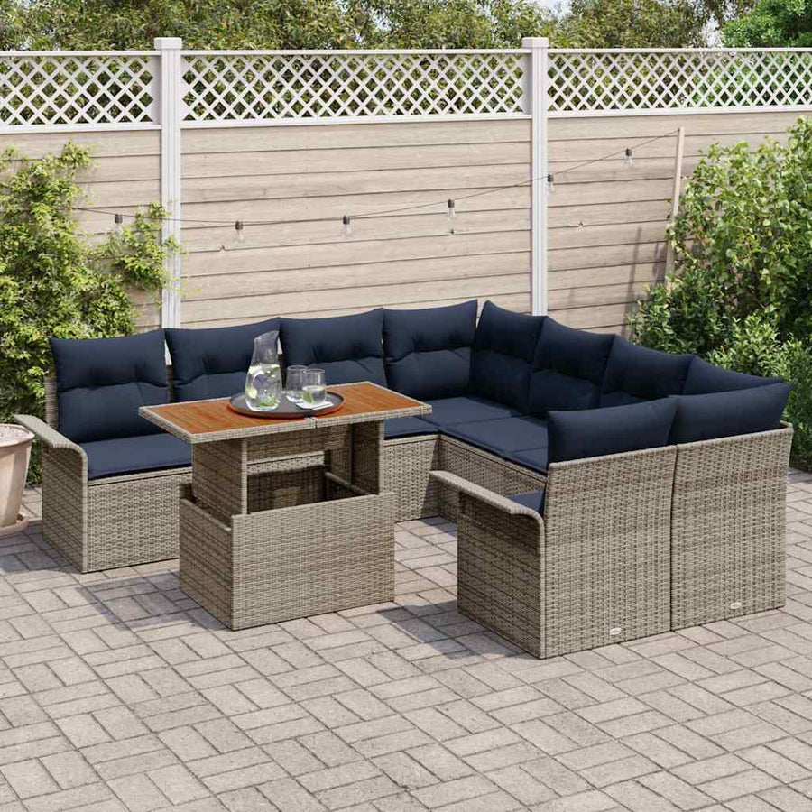 Tuinbankenset met kussen 9 pcs Grijs en Marineblauw poly rattan