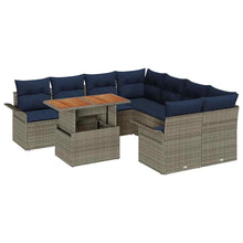 Tuinbankenset met kussen 9 pcs Grijs en Marineblauw poly rattan